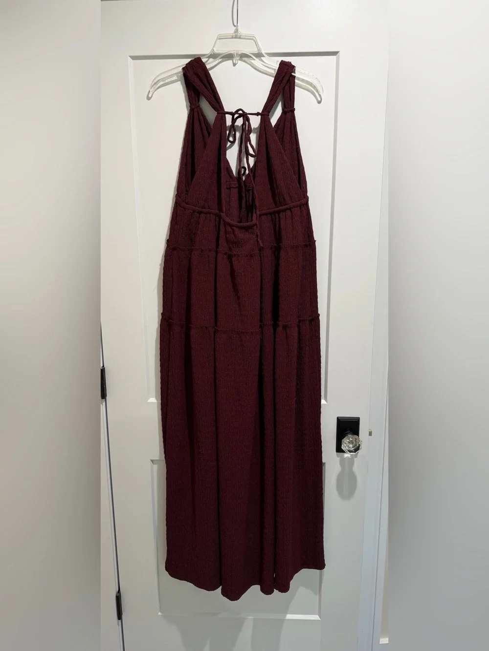 Free People Burgundy Tiered Maxi Dress with Lace-Up Back Size Medium
